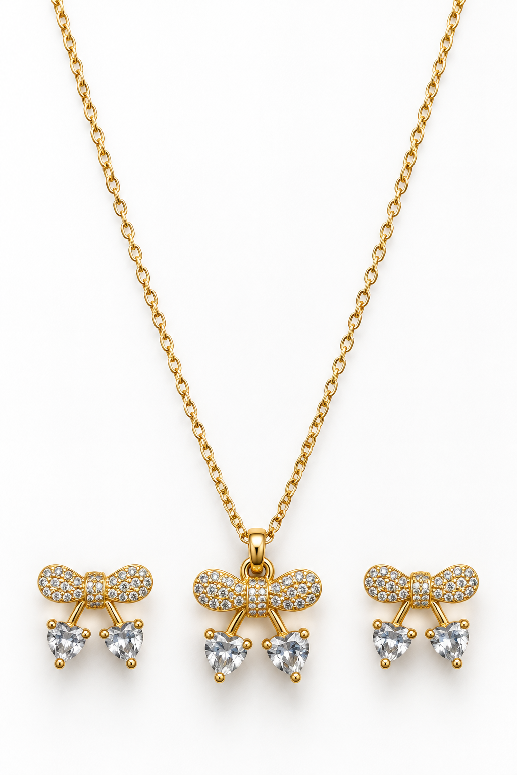 St Maureen Gold Bow Necklace & Earrings Set with Heart Crystals