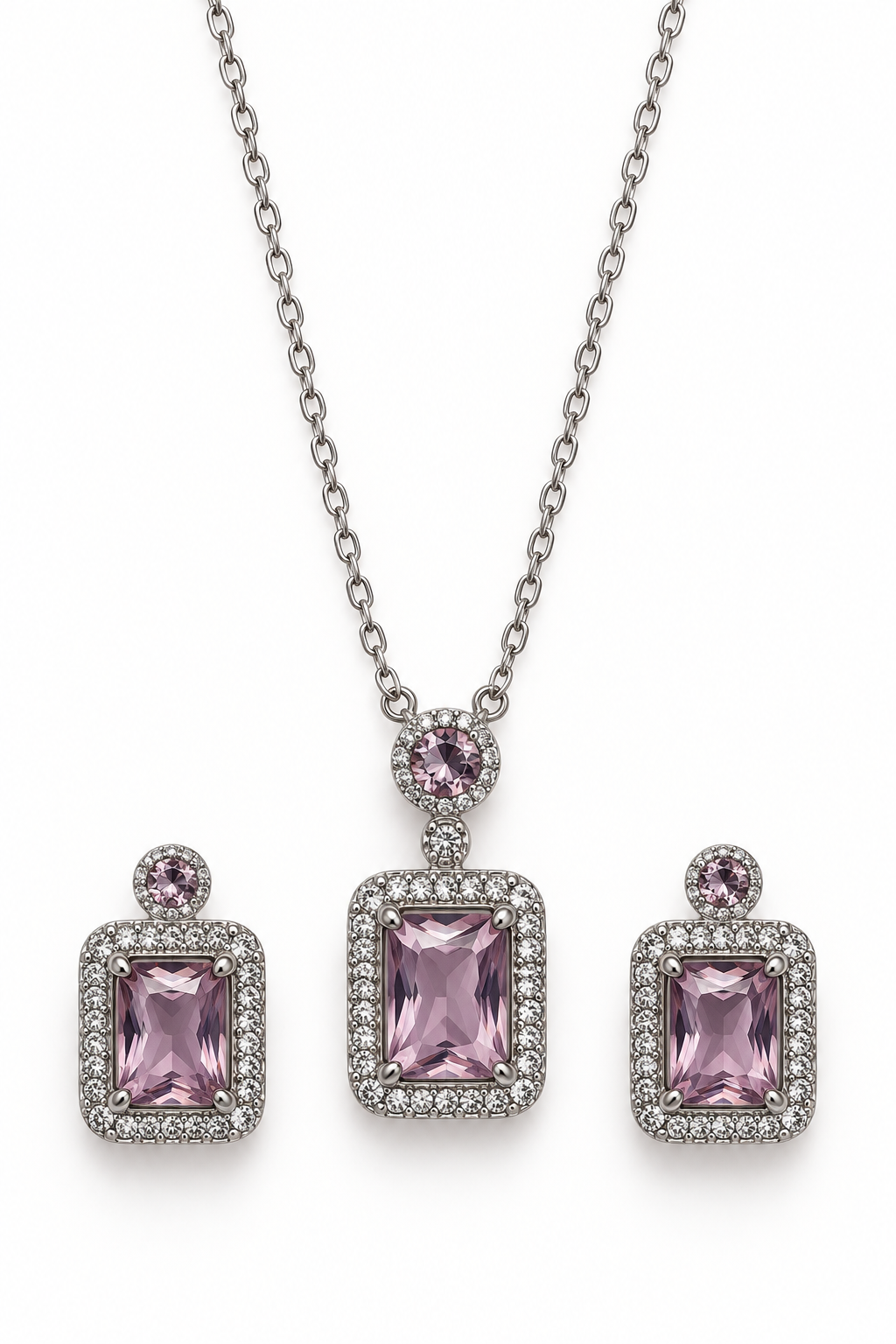 Mrs Patricia Pink Crystal Necklace & Earrings Set | Silver Tone