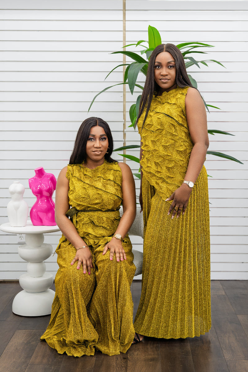 Zina Metallic Pleated Set