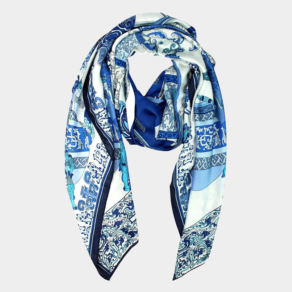 Elegant Porcelain Inspired Pattern Printed Oblong Silky Satin Scarf Shawl