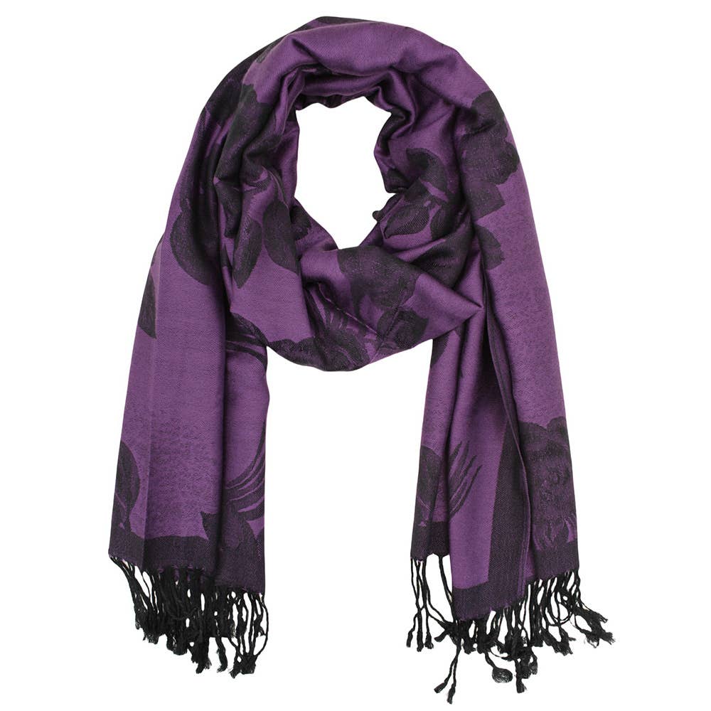 Rose Floral Pashmina Reversible Scarf Shawl: Purple