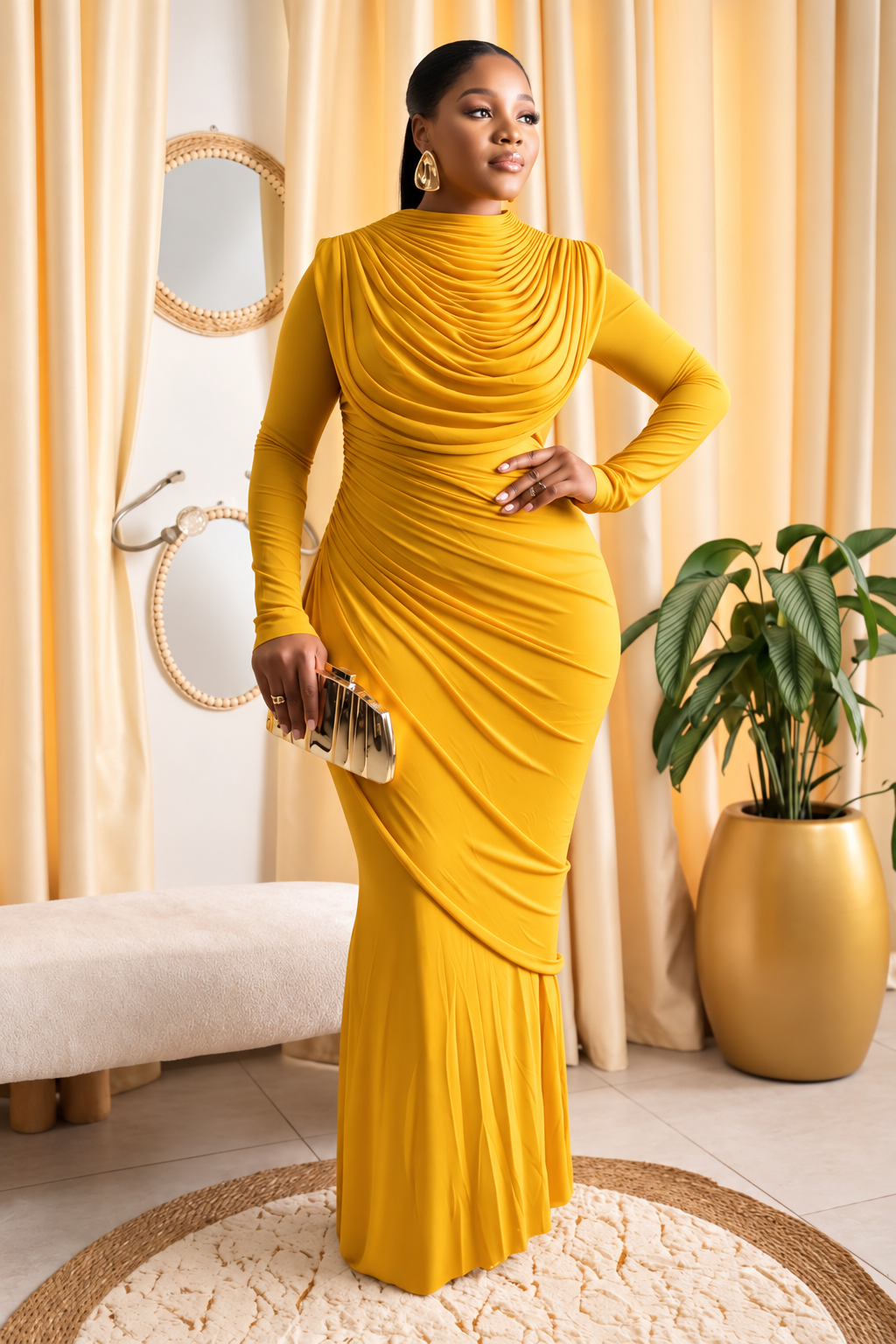 Solange Drape Dress- Mustard Yellow