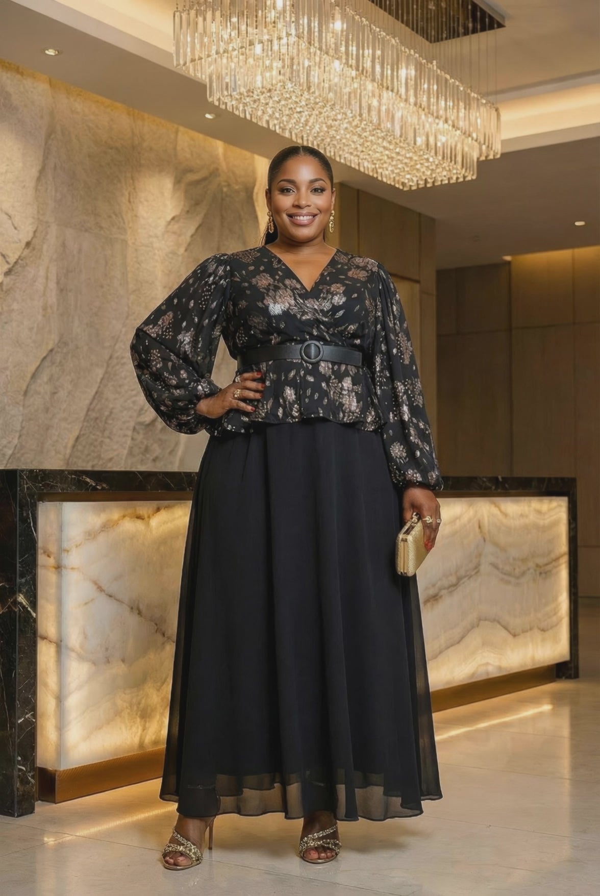 スーツ・フォーマル・ドレス AMERI SOPHISTICATED PEPLUM DRESS BLACK S Alba Black Encrusted Peplum Maxi Dress